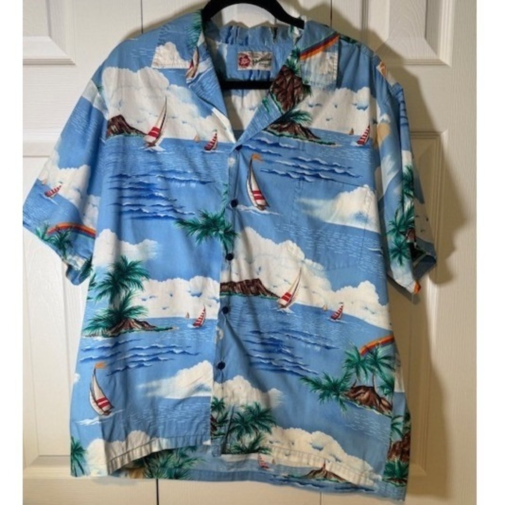 Hilo Hattie Hawaiian Original Aloha Shirt XL Sailboat Scenic Blue Vintage